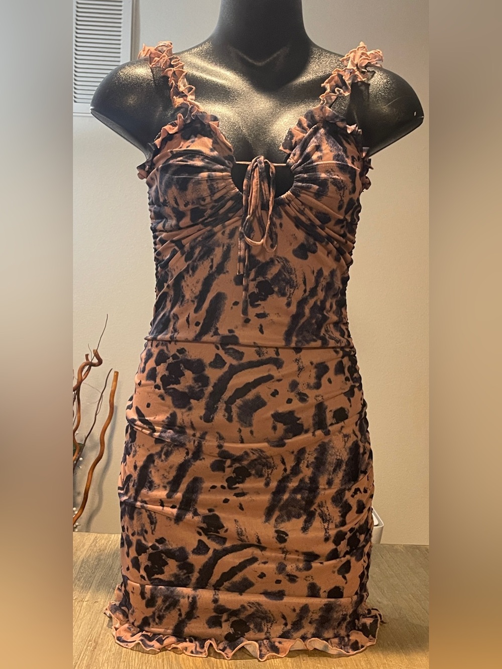 CBR Brown & Black Ruched Tie-Front Mini Dress, Size Medium